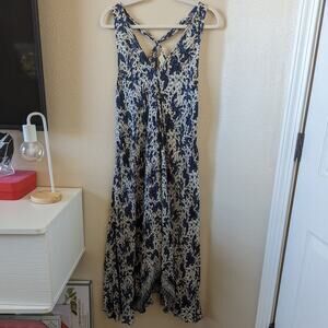 Natalie Martin Floral 100% Silk V-Neck Sleeveless Blue Maxi Dress size XS/S